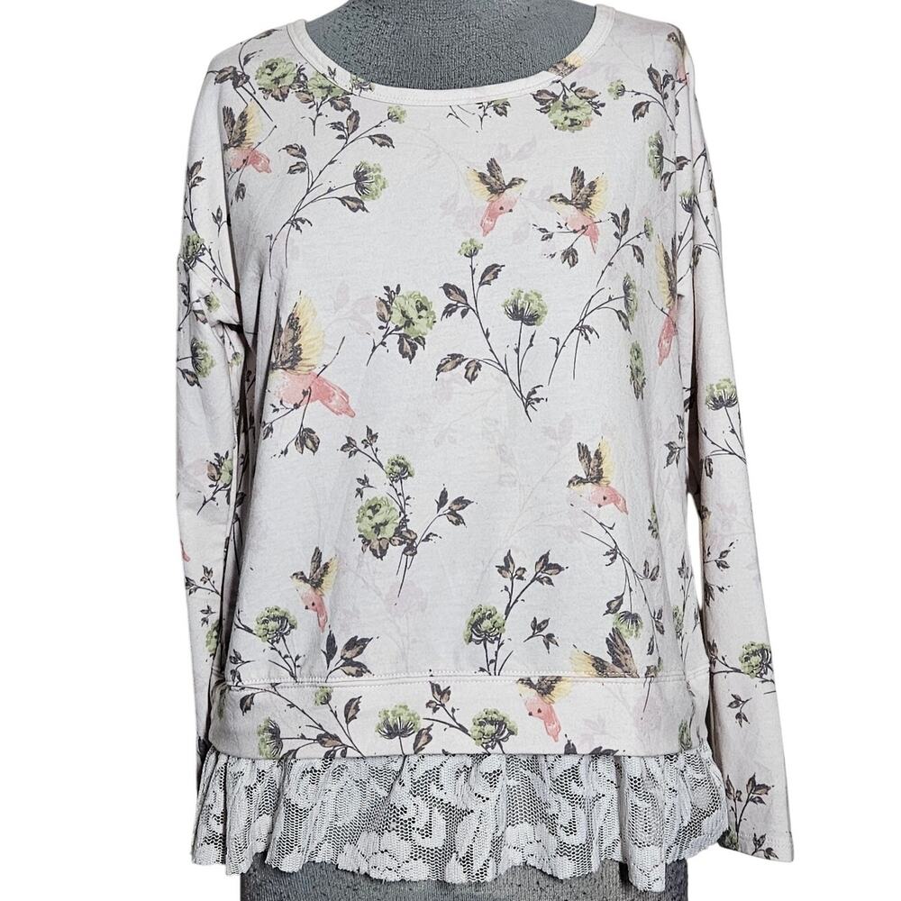 Cream Floral Bird Print Lace Detail Shirt Size Small